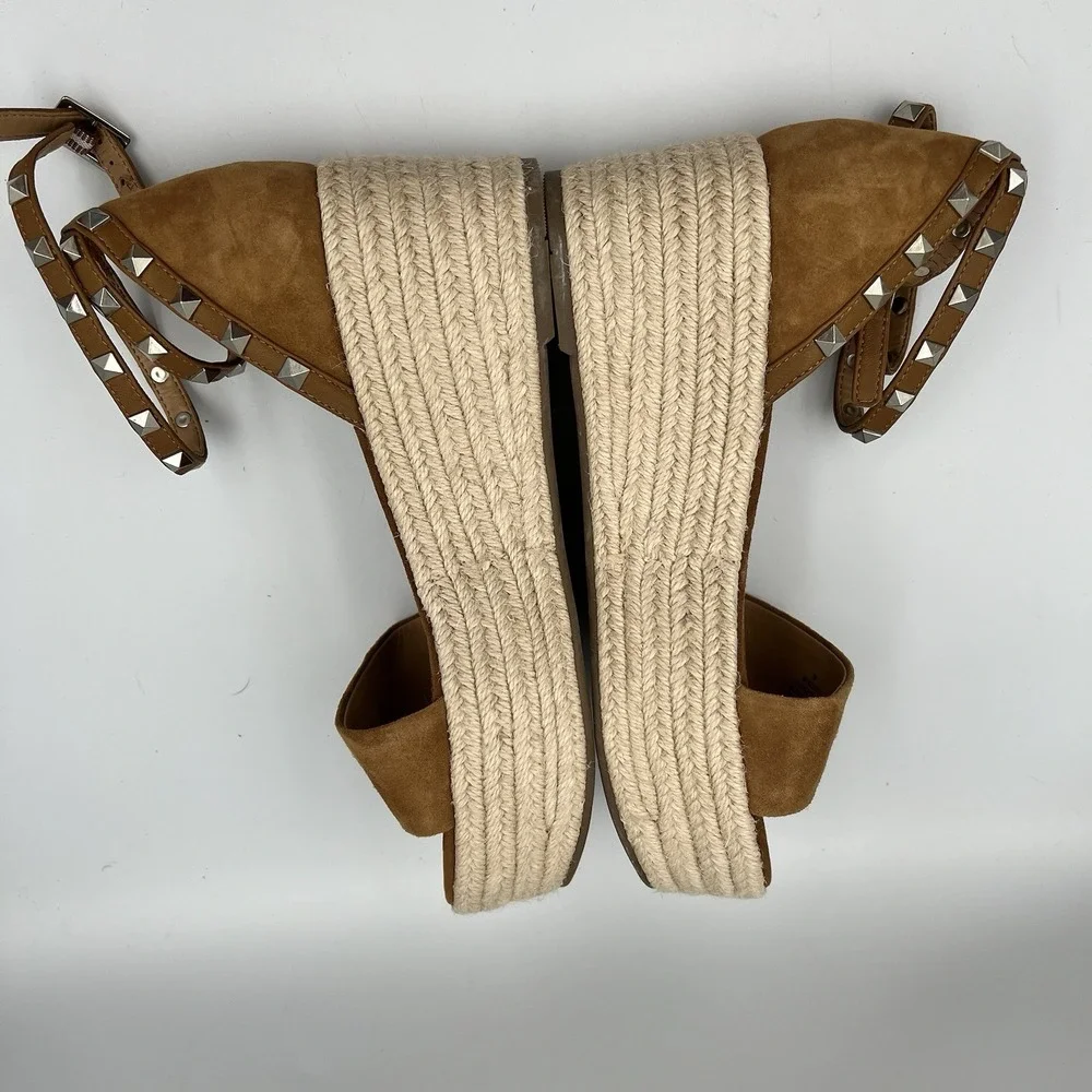 Marc Fisher Jazlyn Espadrille Wedge Sandals Studded Brown Tan Suede Women's 7M